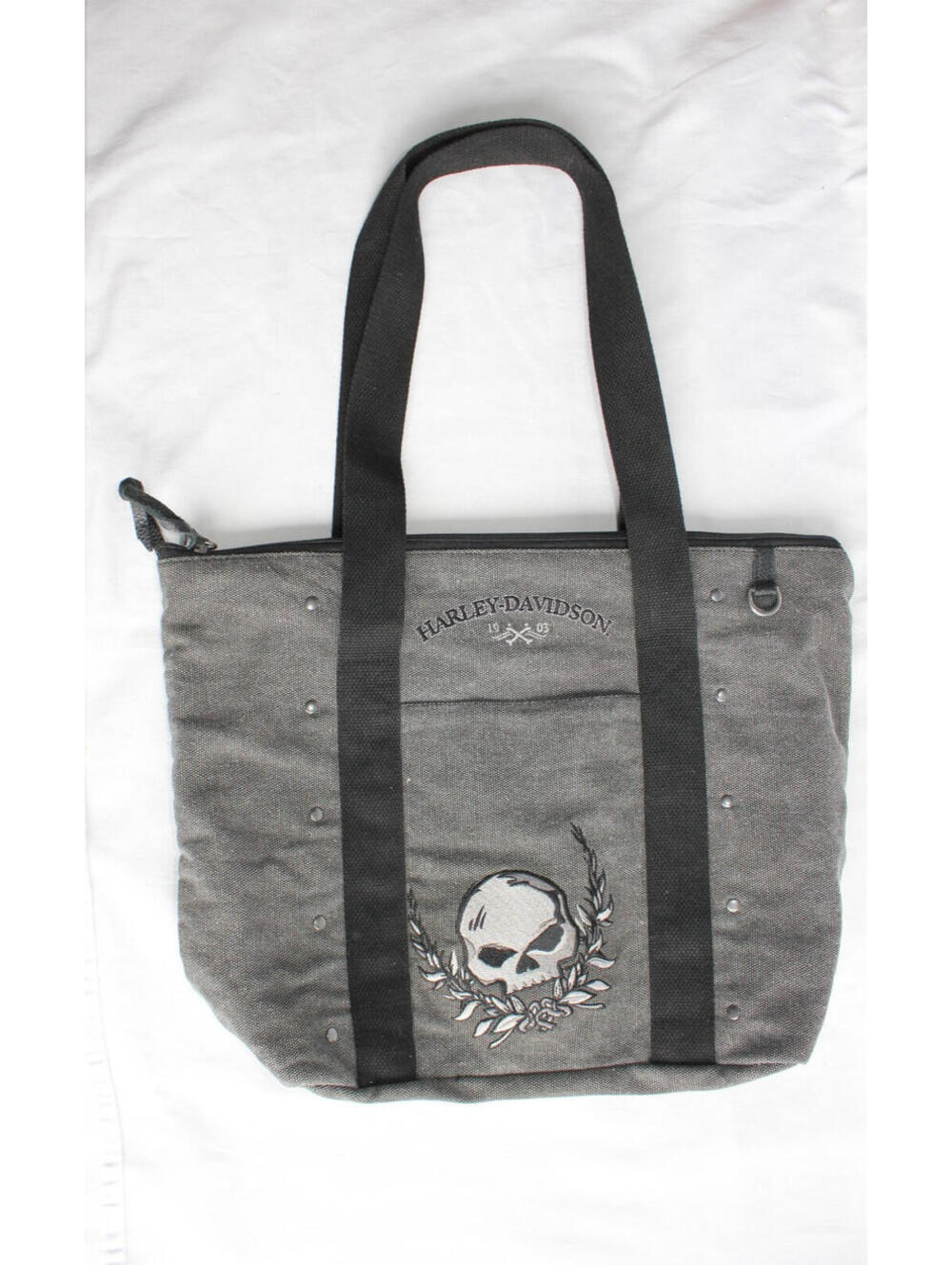 Harley-Davidson Womens Willie G Skull Distressed Black Denim Canvas Tote